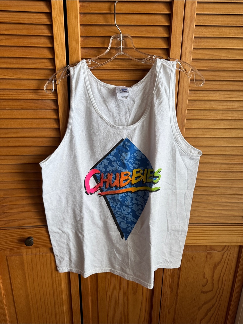 Chubbies White Tank with Neon Gradient Logo and Blue Diamond